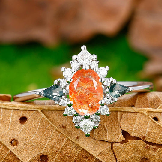 Brilliant Floral Cluster 0.8CT Oval Cut Sunstone Engagement Ring For Bridal Gift - Esdomera