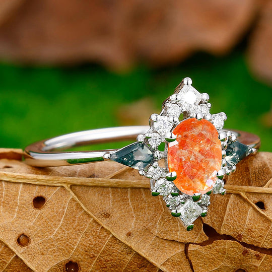 Brilliant Floral Cluster 0.8CT Oval Cut Sunstone Engagement Ring For Bridal Gift - Esdomera