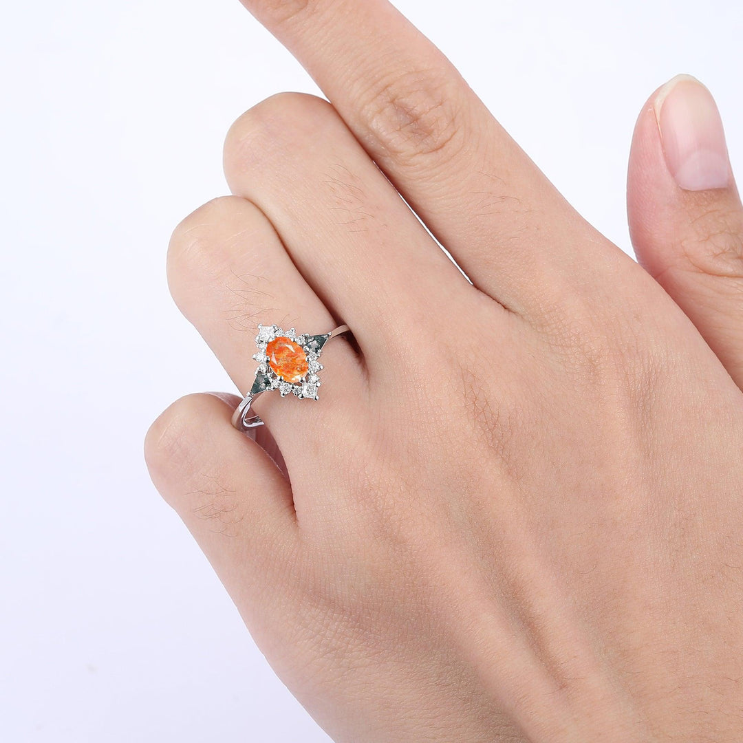 Brilliant Floral Cluster 0.8CT Oval Cut Sunstone Engagement Ring For Bridal Gift - Esdomera