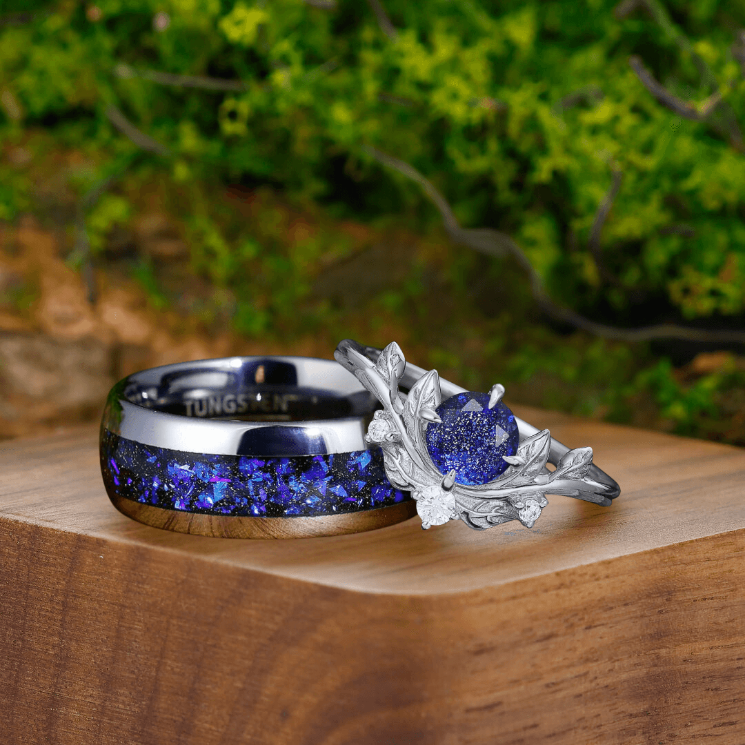 Brilliant Galaxy Sandstone Leaf Shape Couples Ring Set Blue Shining Tungsten Matching Ring - Esdomera