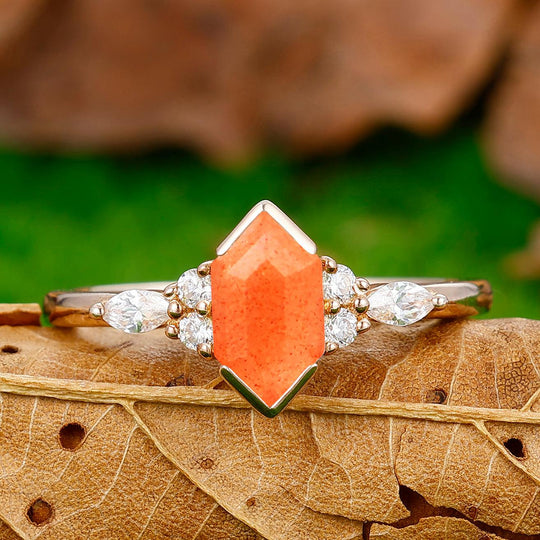 Brilliant Long Hexagon Cut Sunstone Ring Moissanite Inlay Engraving Ring - Esdomera