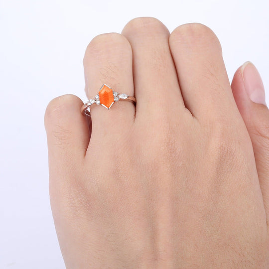 Brilliant Long Hexagon Cut Sunstone Ring Moissanite Inlay Engraving Ring - Esdomera