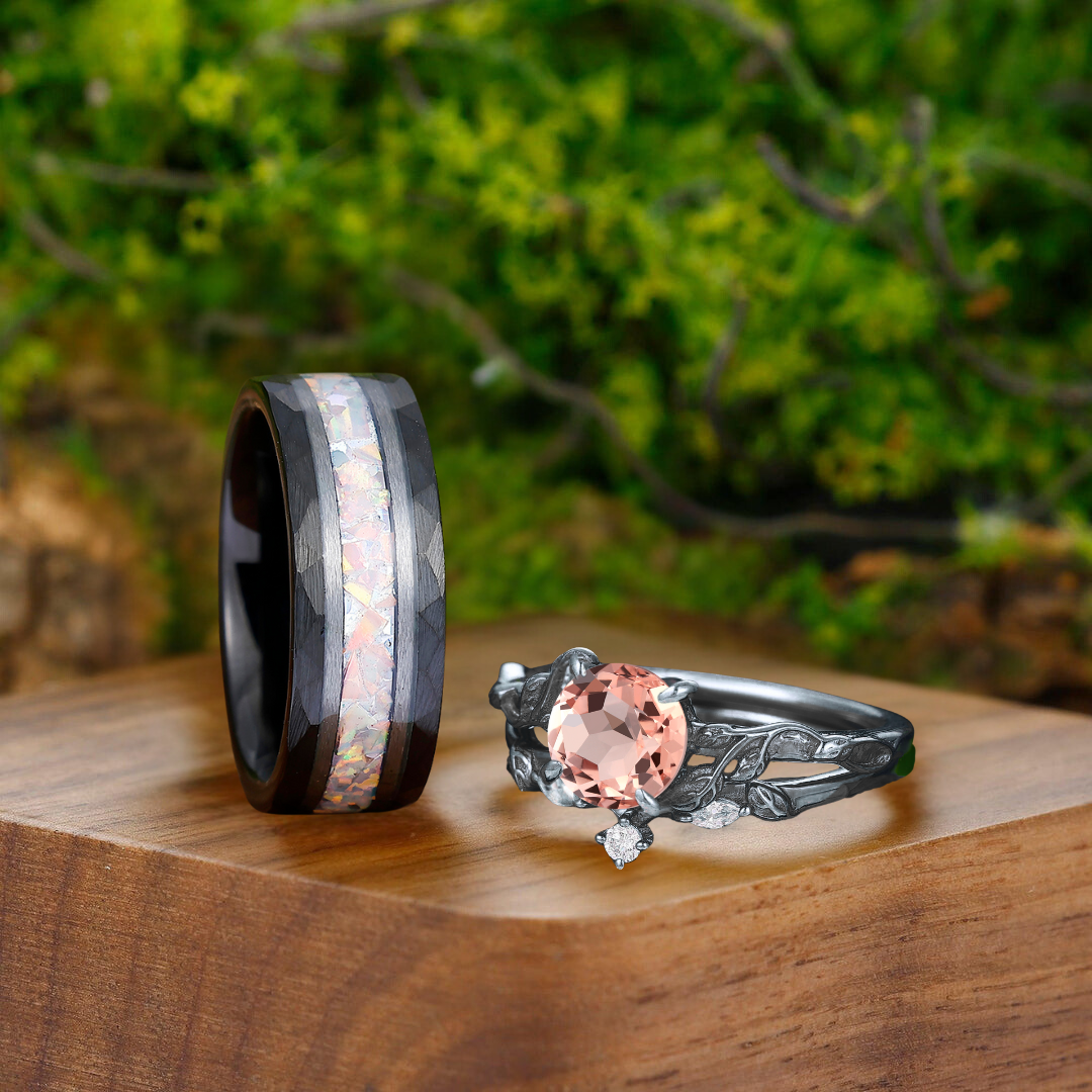 Brilliant Pink Morganite Engagement Couple Rings Unique Promise Matching Wedding Bands For Men And Women - Esdomera