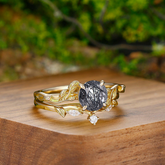 Brilliant Yellow Blade Black Rutilated Quartz Engagement Couple Rings Promise Meteorite Wedding Ring For Men and Women - Esdomera