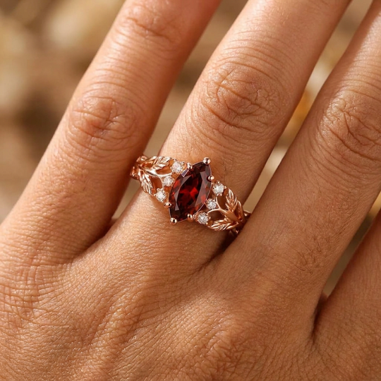 Oval Cut Natural Orange Garnet Vine Ring Set, 18K Solid Gold