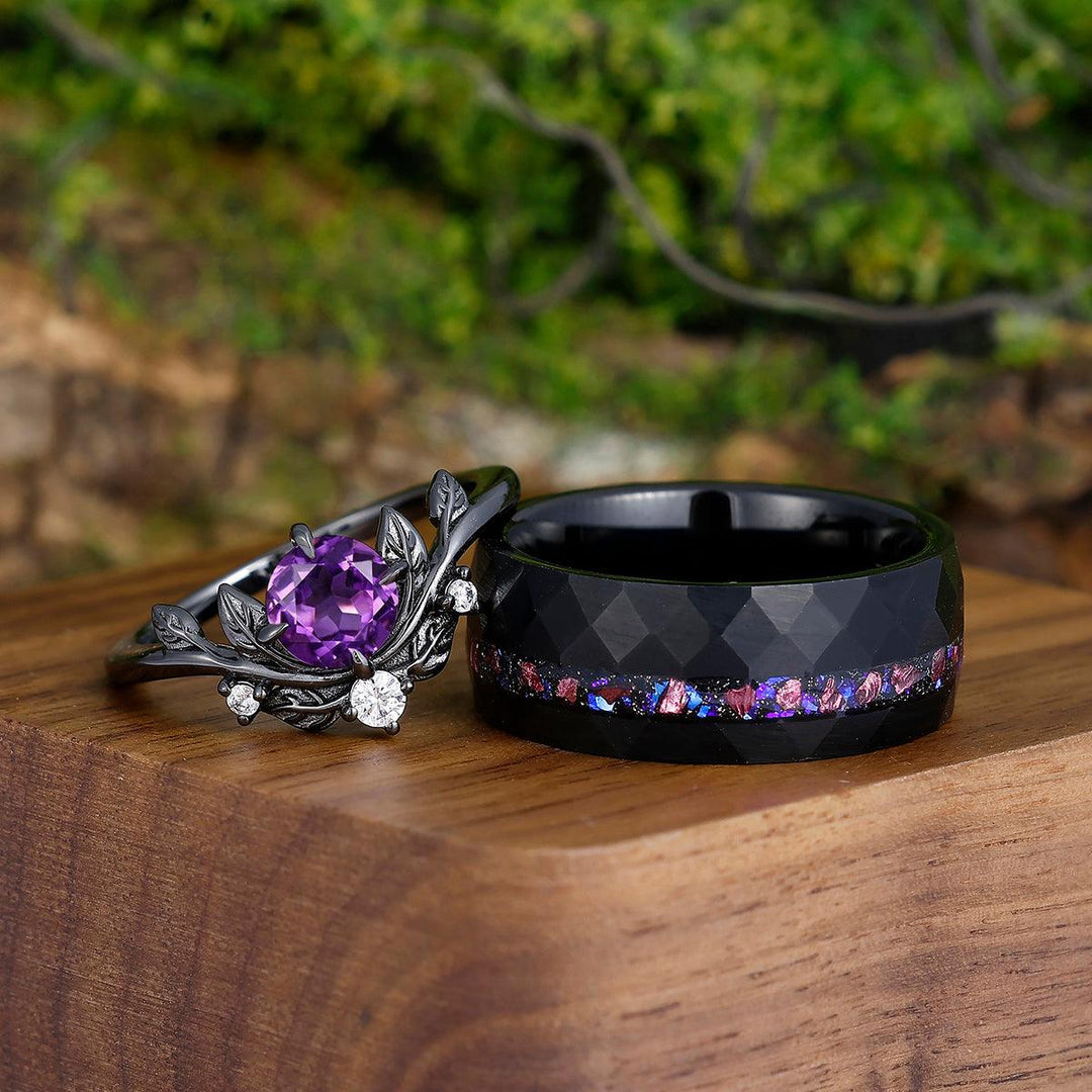 Captivating Purple Round Amethyst Engagement Couples Ring Set Purple Blue Tungsten His and Hers Wedding Band - Esdomera