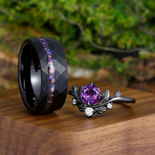 Captivating Purple Round Amethyst Engagement Couples Ring Set Purple Blue Tungsten His and Hers Wedding Band - Esdomera