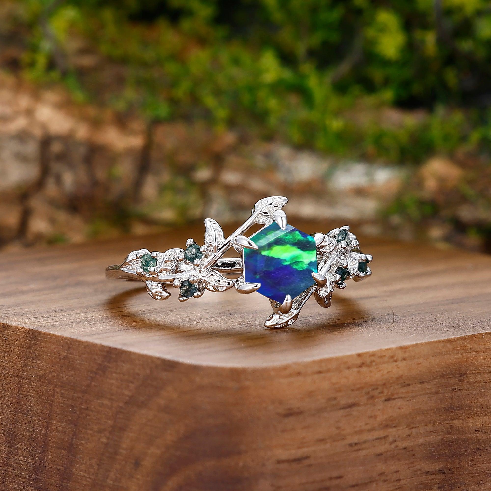 Classic Hexagon Peacock Green Opal His and Hers Wedding Band