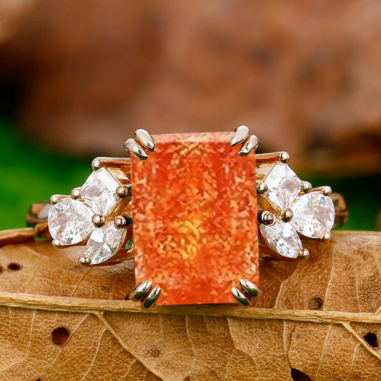 Classic 3.5CT Emerald Cut Sunstone Ring Prong Setting Moissanite Inlay Women Ring - Esdomera