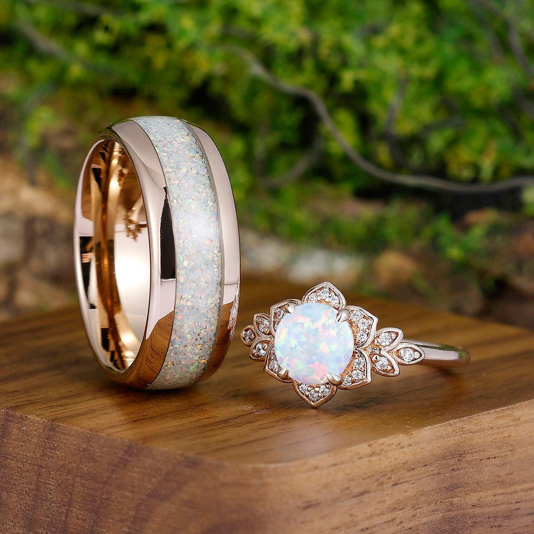 Classic Flower Shaped Pink White Opal Couples Ring Set 925 Sterling Silver Opal Tungsten His and Hers Wedding Ring - Esdomera