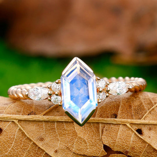 Classic Long Hexagon Cut Moonstone Engagement Ring Unique Twisted Rope Ring - Esdomera