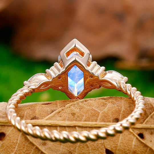 Classic Long Hexagon Cut Moonstone Engagement Ring Unique Twisted Rope Ring - Esdomera