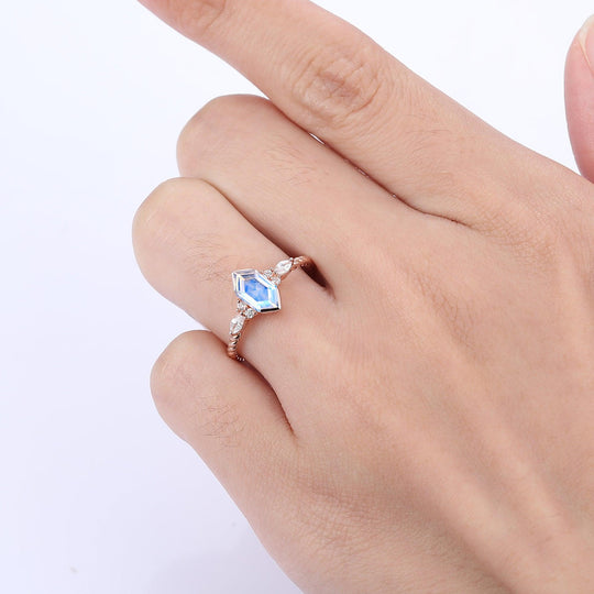 Classic Long Hexagon Cut Moonstone Engagement Ring Unique Twisted Rope Ring - Esdomera