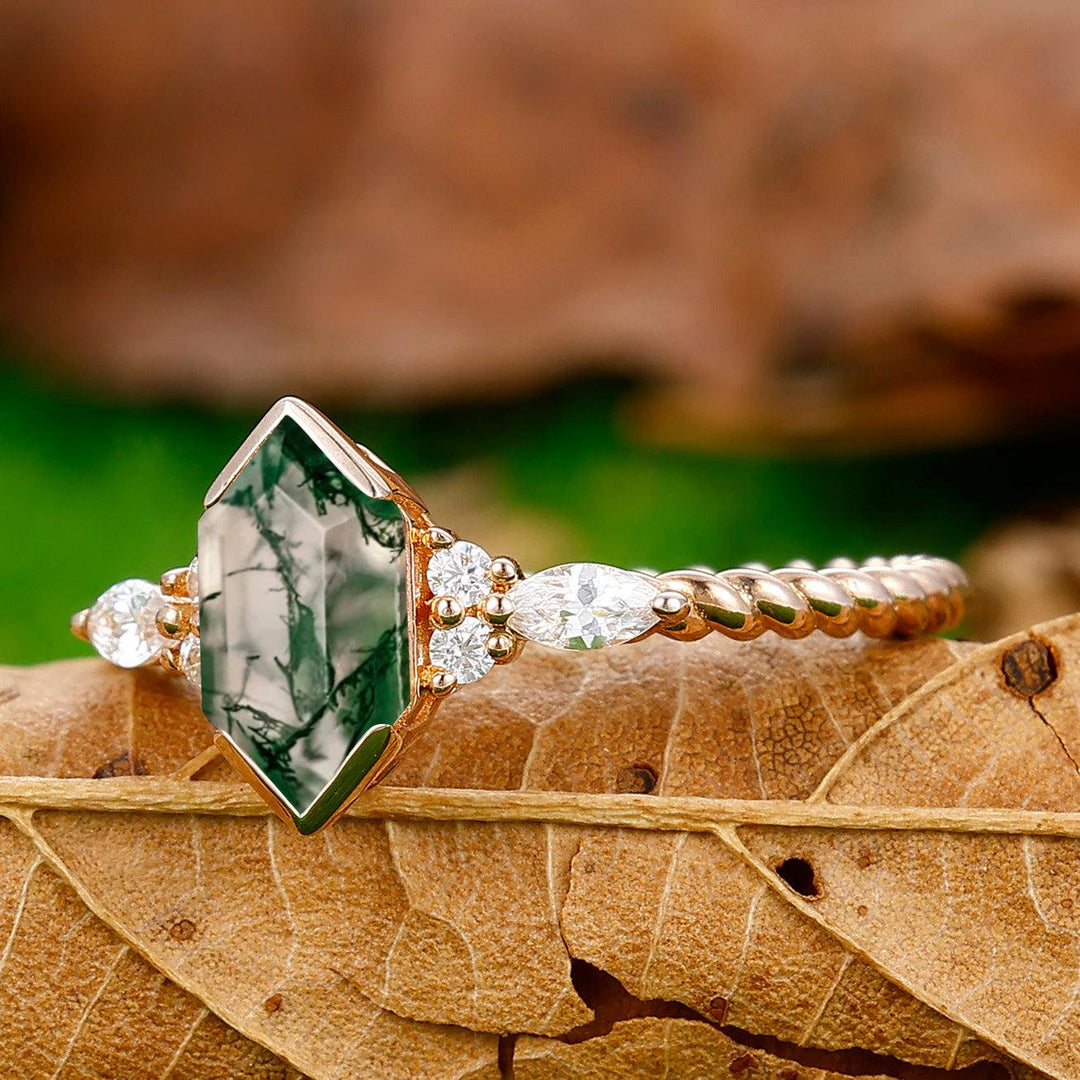 Classic Long Hexagon Cut Moss Agate Engagement Ring Unique Twisted Rope Ring - Esdomera