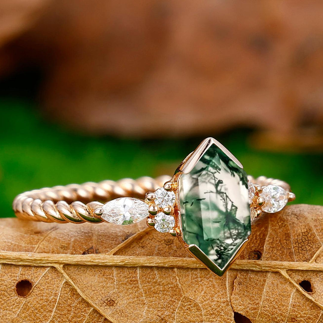 Classic Long Hexagon Cut Moss Agate Engagement Ring Unique Twisted Rope Ring - Esdomera