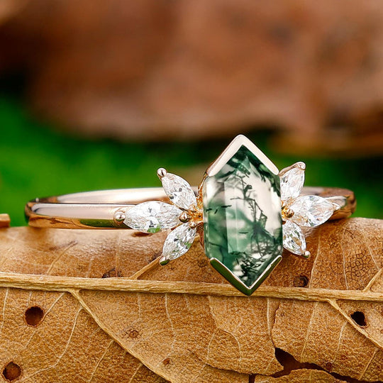 Classic Long Hexagon Cut Moss Agate Ring Marquise Moissanite Inlay Promise Ring - Esdomera