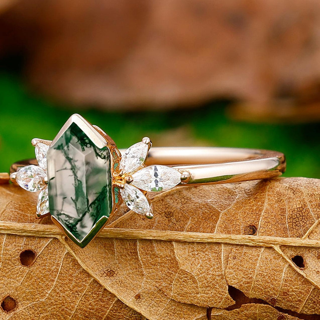 Classic Long Hexagon Cut Moss Agate Ring Marquise Moissanite Inlay Promise Ring - Esdomera