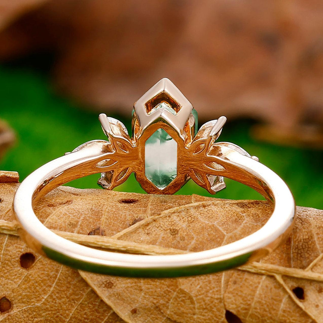 Classic Long Hexagon Cut Moss Agate Ring Marquise Moissanite Inlay Promise Ring - Esdomera