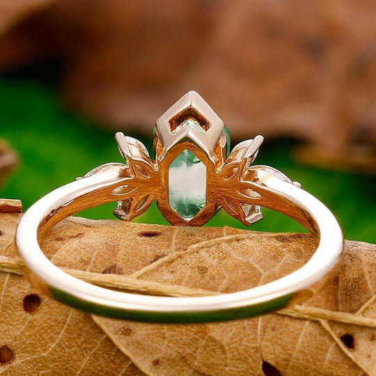 Classic Long Hexagon Cut Moss Agate Ring Marquise Moissanite Inlay Promise Ring - Esdomera