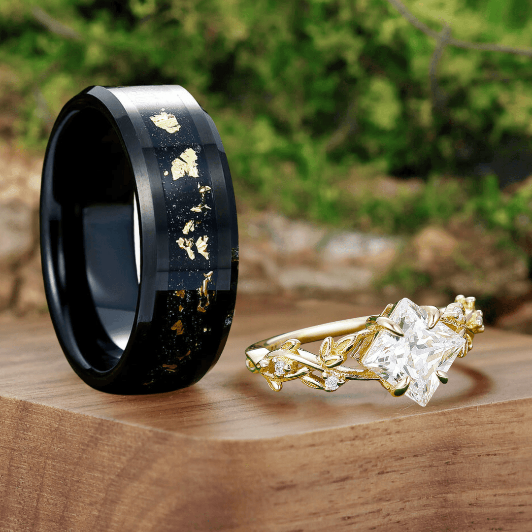 Classic Moissanite Branches Leaf Engagement Couples Ring Set Black Tungsten Matching Promise Wedding Rings - Esdomera