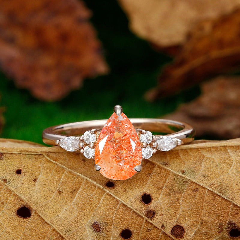 Classic Natural Sunstone Engagement Ring Women Fine Ring Promise Orange Gemstone Ring - Esdomera