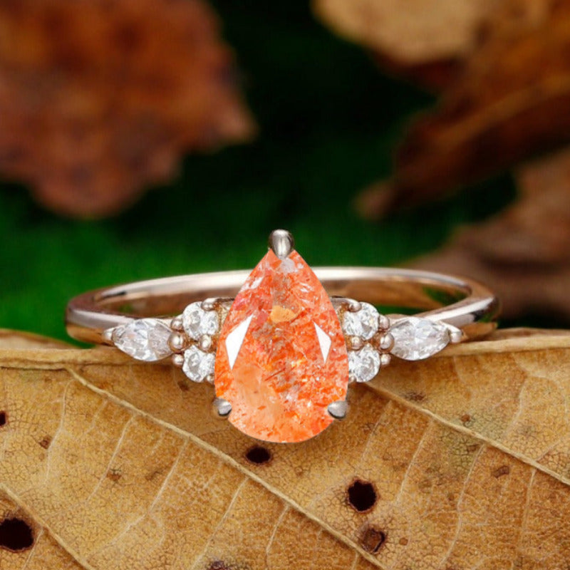 Classic Natural Sunstone Engagement Ring Women Fine Ring Promise Orange Gemstone Ring - Esdomera