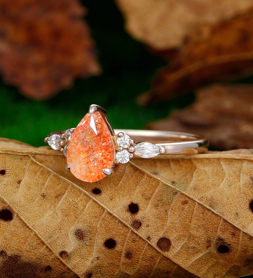 Classic Natural Sunstone Engagement Ring Women Fine Ring Promise Orange Gemstone Ring - Esdomera