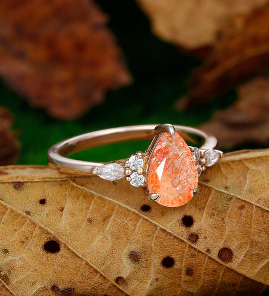 Classic Natural Sunstone Engagement Ring Women Fine Ring Promise Orange Gemstone Ring - Esdomera