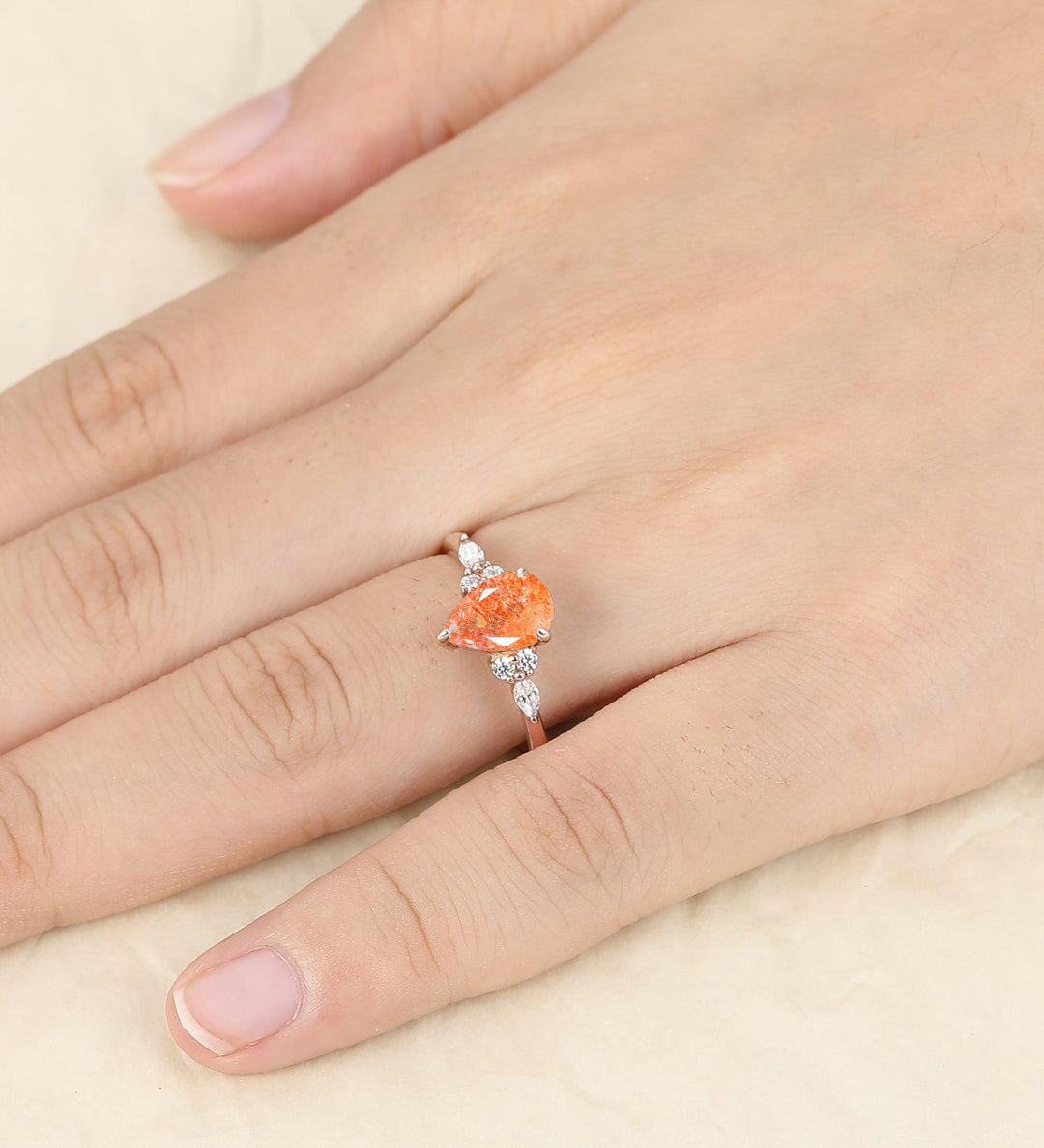 Classic Natural Sunstone Engagement Ring Women Fine Ring Promise Orange Gemstone Ring - Esdomera