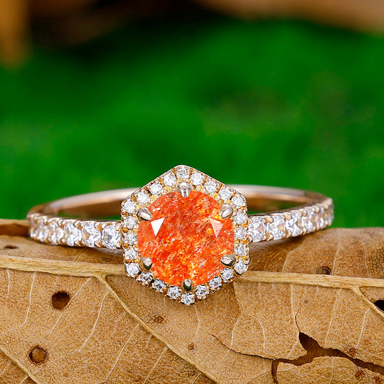 Classic Orange Sunstone Engagement Ring Milgrain Moissanite Promise Wedding Ring - Esdomera