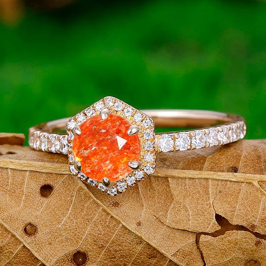 Classic Orange Sunstone Engagement Ring Milgrain Moissanite Promise Wedding Ring - Esdomera