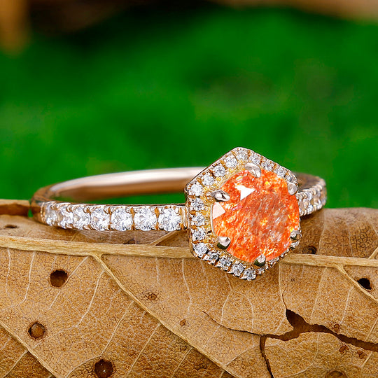 Classic Orange Sunstone Engagement Ring Milgrain Moissanite Promise Wedding Ring - Esdomera