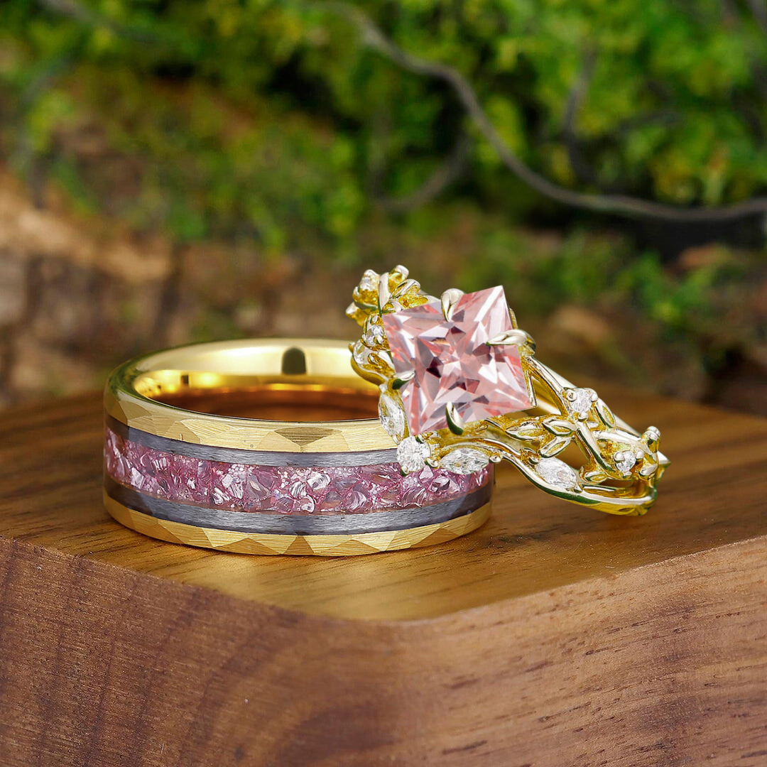 Classic Pink Morganite Leaf Floral Engagement His and Hers Wedding Ring Pink Yellow Gold Promise Couple Rings - Esdomera