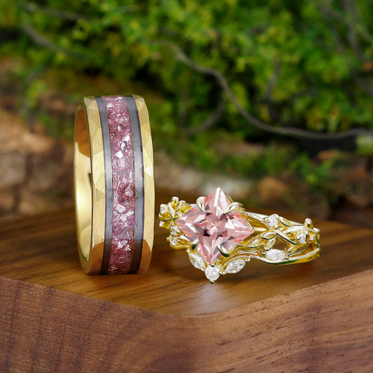 Classic Pink Morganite Leaf Floral Engagement His and Hers Wedding Ring Pink Yellow Gold Promise Couple Rings - Esdomera