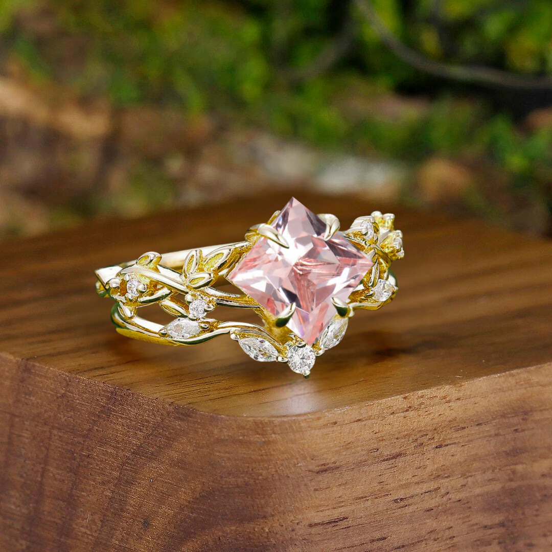 Classic Pink Morganite Leaf Floral Engagement His and Hers Wedding Ring Pink Yellow Gold Promise Couple Rings - Esdomera