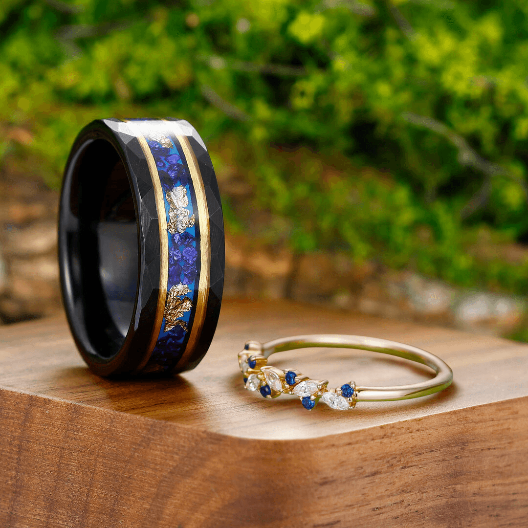 Classic Sapphire Leaf Anniversary Couple Rings His and Hers Wedding Bands Matching Tunsten Promise Bands - Esdomera