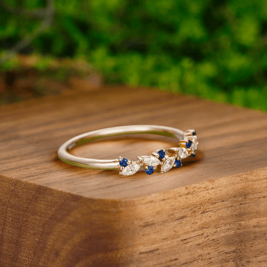 Classic Sapphire Leaf Anniversary Couple Rings His and Hers Wedding Bands Matching Tunsten Promise Bands - Esdomera