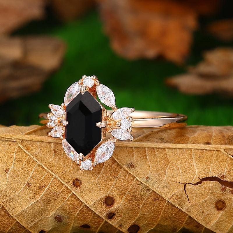Cluster 1.1 CT 14K Rose Gold Marquise Floral Halo Black Onyx Ring - Esdomera