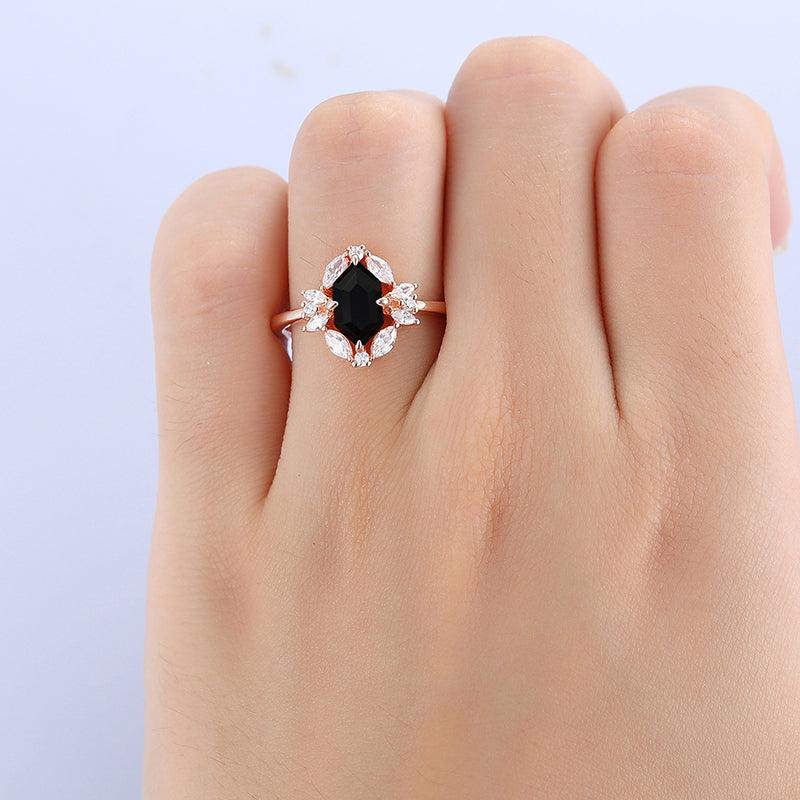 Cluster 1.1 CT 14K Rose Gold Marquise Floral Halo Black Onyx Ring - Esdomera