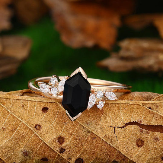 Cluster 1.1 CT Natural Black Onyx Rose Gold Marquise Diamond Ring - Esdomera