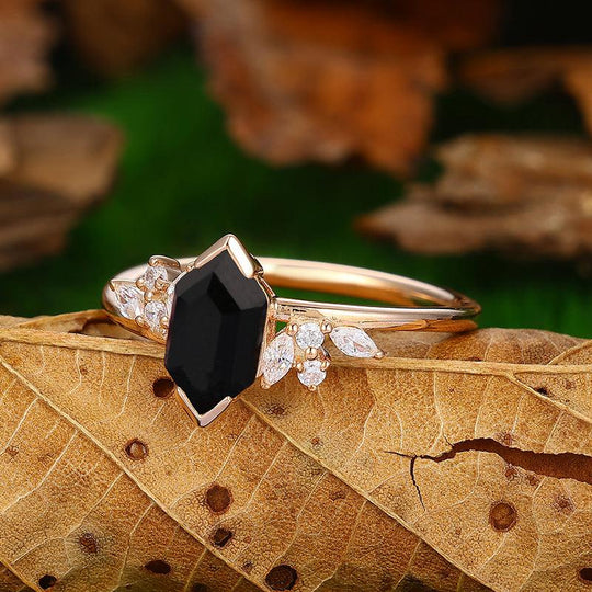 Cluster 1.1 CT Natural Black Onyx Rose Gold Marquise Diamond Ring - Esdomera