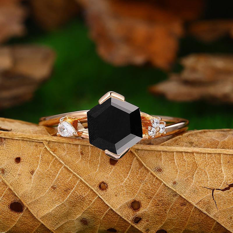 Cluster 1.7 CT Hexagon Cut Natural Black Onyx Sterling Sliver Ring - Esdomera