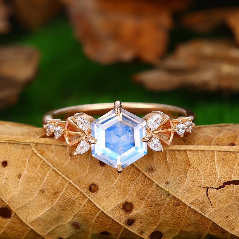 Cluster 14k Rose Gold Hexagon Cut Art Deco Moonstone Bridal Ring - Esdomera
