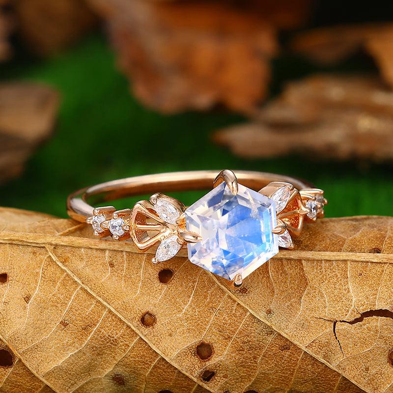 Cluster 14k Rose Gold Hexagon Cut Art Deco Moonstone Bridal Ring - Esdomera