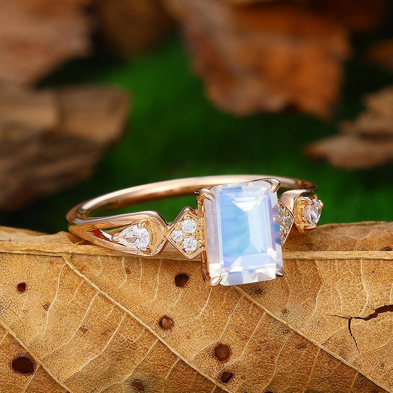 Cluster 18k Rose Gold Emerald Cut Moonstone Engagement Ring - Esdomera