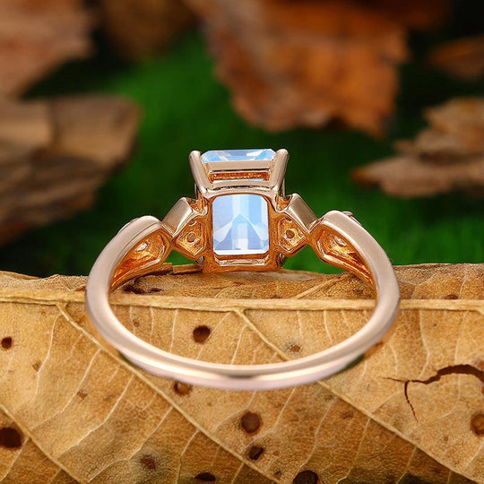 Cluster 18k Rose Gold Emerald Cut Moonstone Engagement Ring - Esdomera