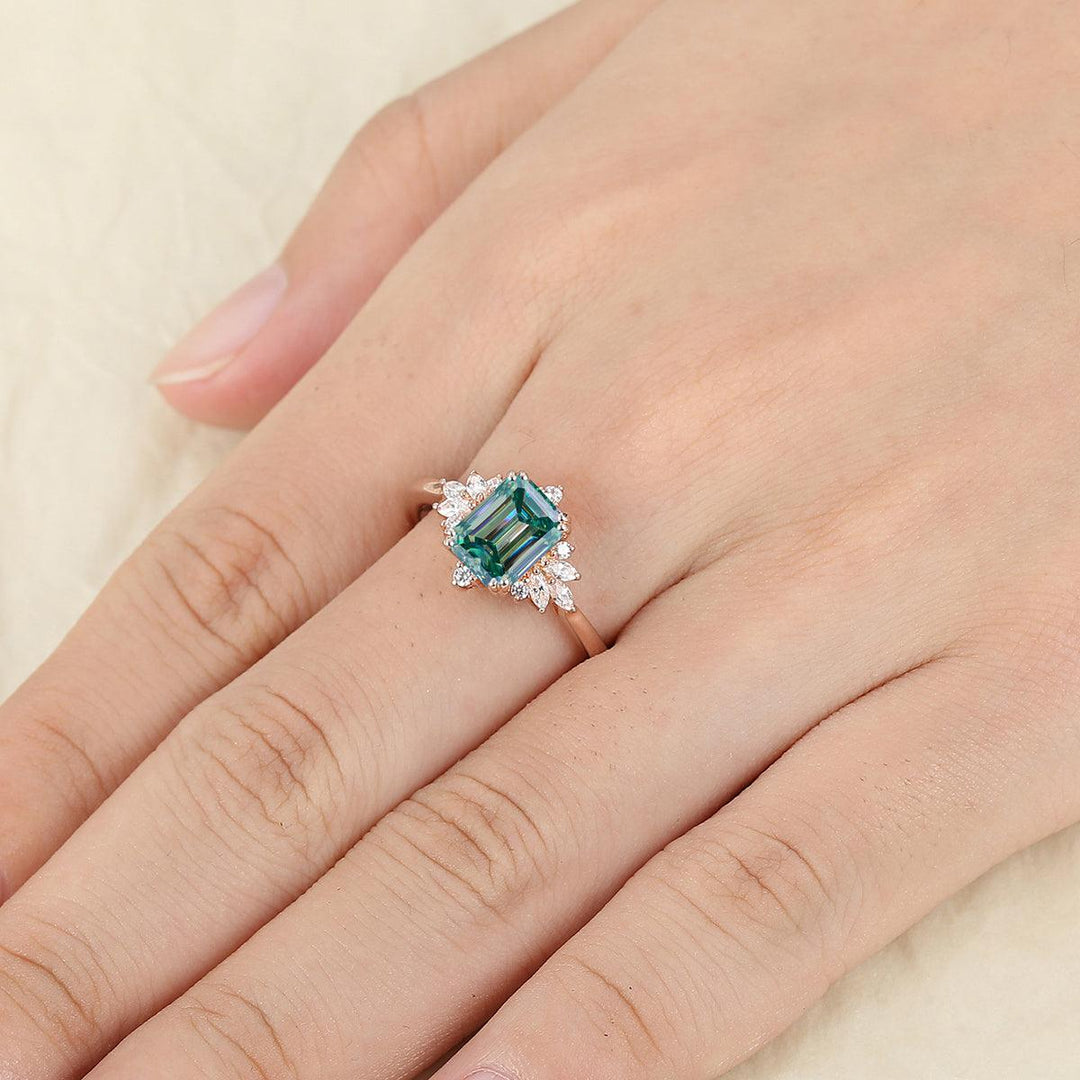 Cluster 2CT Emerald Cut Blue Moissanite Engagement Ring - Esdomera