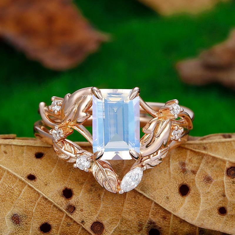 Cluster Emerald Cut 14k Rose Gold Blue Moonstone Art Deco Leaf Band Engagement Ring Set - Esdomera