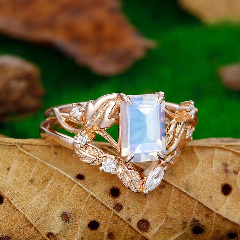 Cluster Emerald Cut 14k Rose Gold Blue Moonstone Art Deco Leaf Band Engagement Ring Set - Esdomera