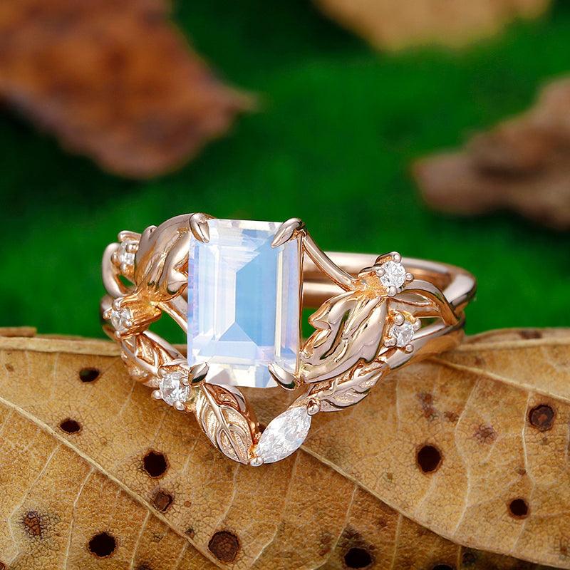 Cluster Emerald Cut 14k Rose Gold Blue Moonstone Art Deco Leaf Band Engagement Ring Set - Esdomera